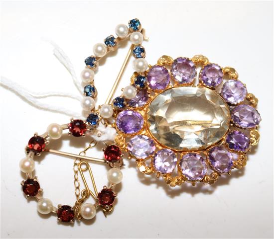 3 gem set cluster brooches